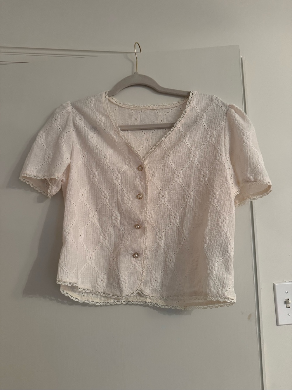 SHEIN Cream Eyelet Lace-Trim Button Front Blouse